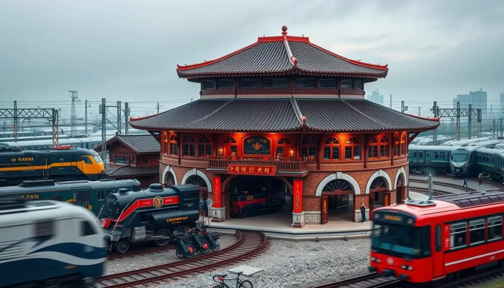Generate an image of the Changhua Roundhouse with trains in the background.