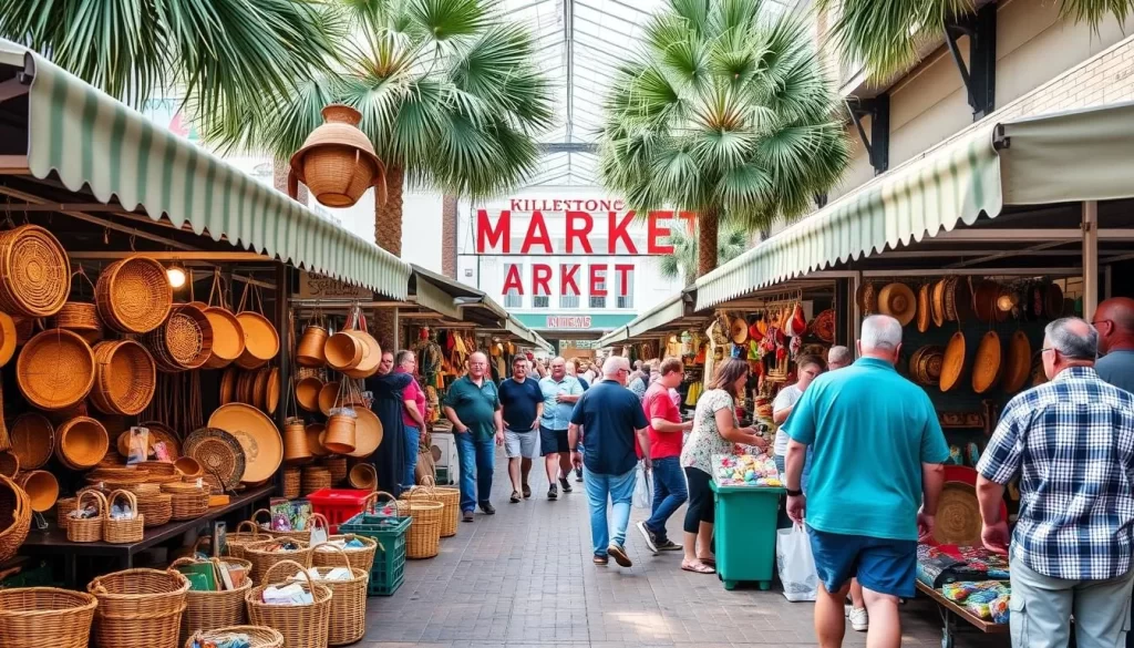 Generate an image of the Charleston City Market, showcasing local vendors selling sweetgrass baskets, artwork, and souvenirs.