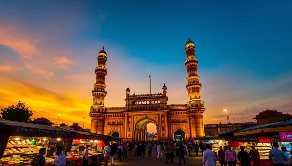Generate an image of the Charminar at sunset with the surrounding market area lit up.