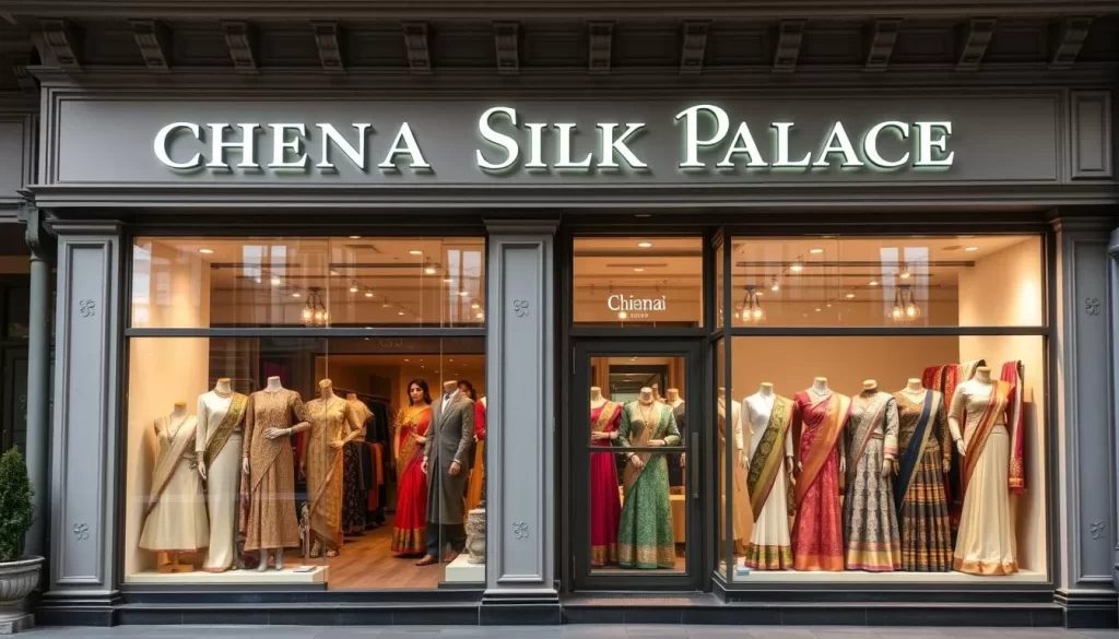Generate an image of the Chennai Silk Palace storefront, showcasing its historic building and traditional Indian clothing on display.