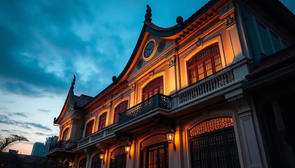 Generate an image of the Cheong Fatt Tze Mansion's facade at dusk