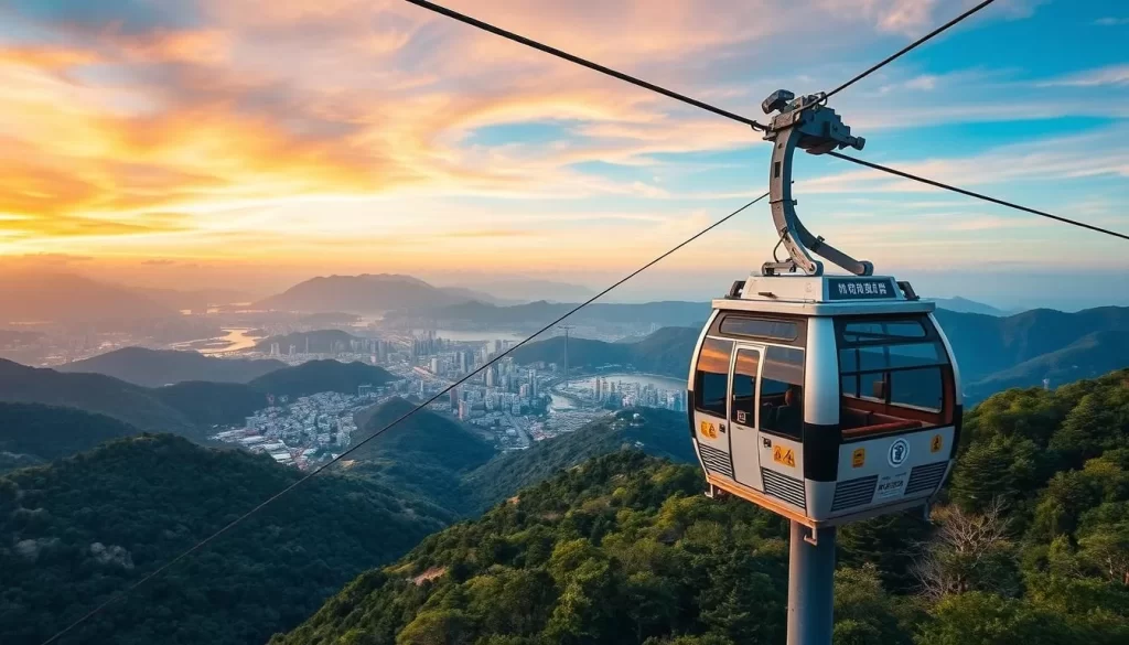 Generate an image of the Cheongpung Cable Car with a scenic view of Danyang.