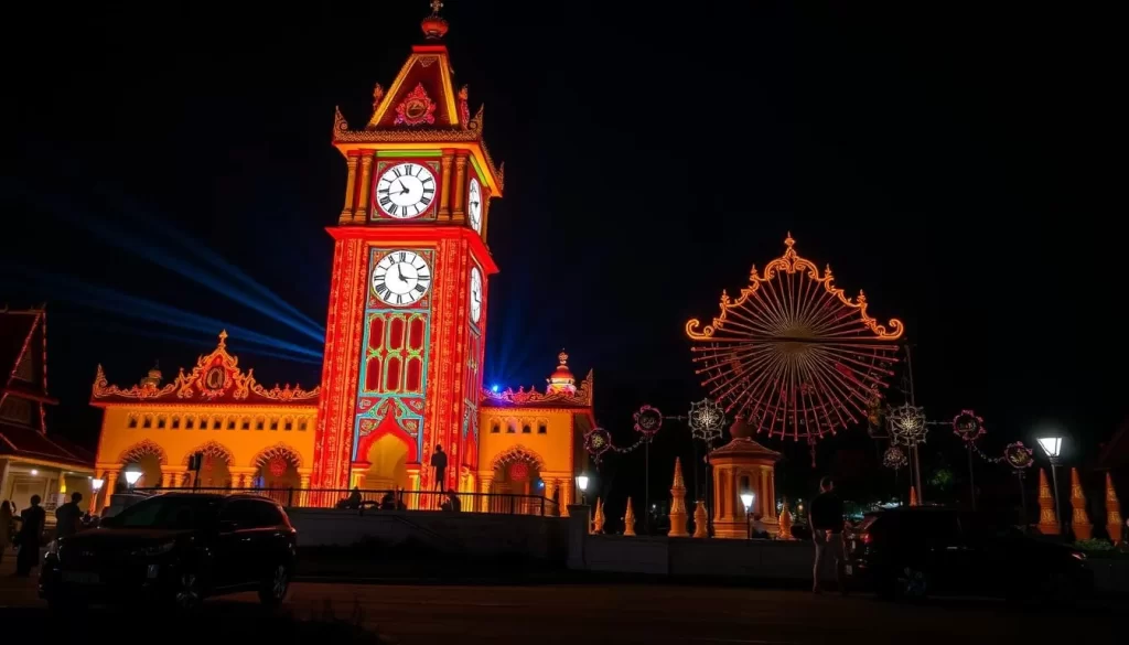 Generate an image of the Chiang Rai Clock Tower at night with a vibrant light show.