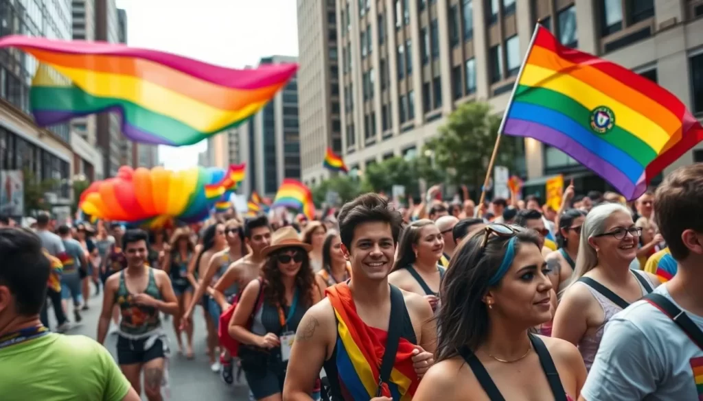 Generate an image of the Chicago Pride Parade with a colorful procession and crowd