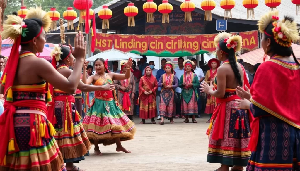 Generate an image of the Chindang Festival celebration in Bomdila, showcasing the Miji tribe in traditional attire performing folk dances.