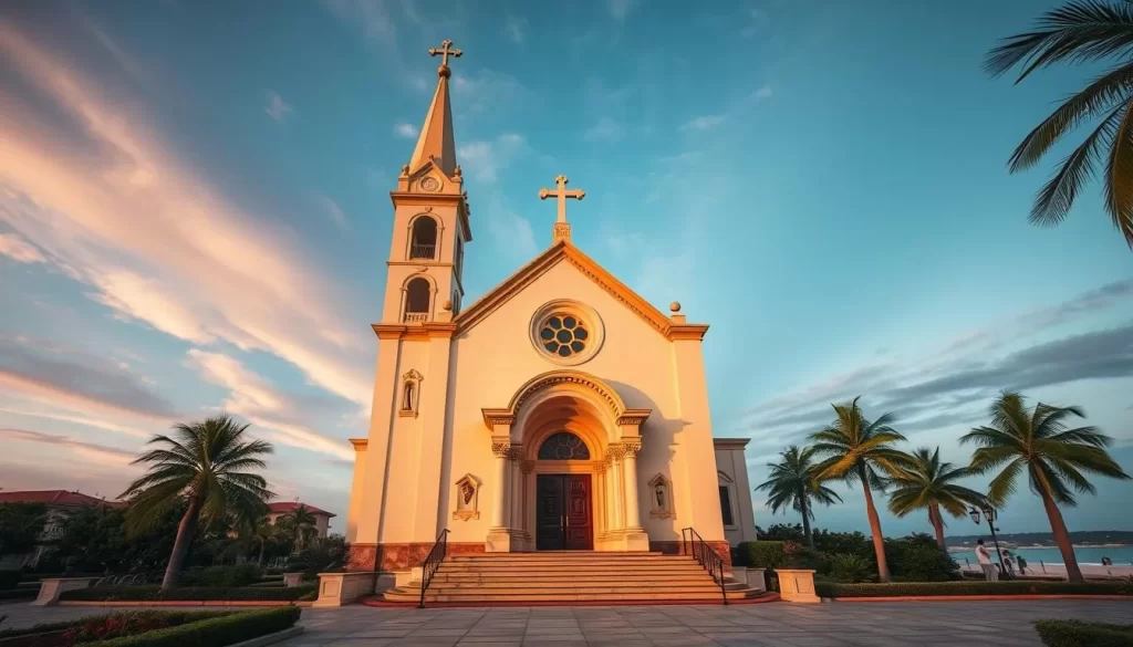 Generate an image of the Church of Our Lady of the Sea, highlighting its beautiful façade and serene surroundings.