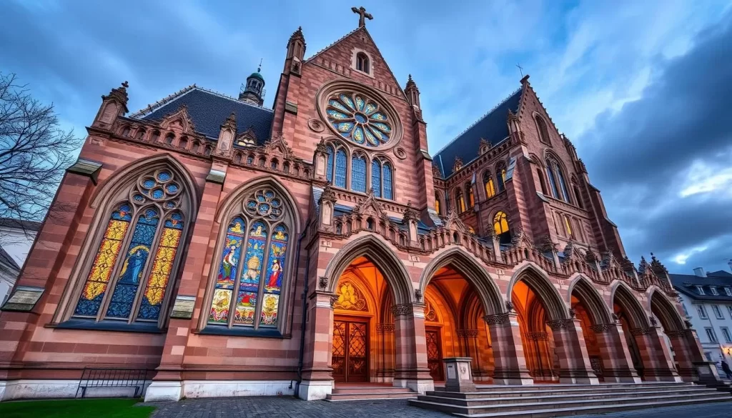 Generate an image of the Church of Saint-Martin in Dudelange, Luxembourg, showcasing its neo-Gothic architecture and vibrant stained glass windows.
