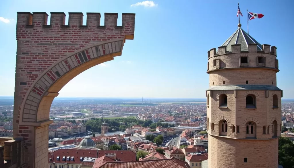 Generate an image of the City Tower, showcasing its 15th-century watchtower architecture and the panoramic views from its observation deck.