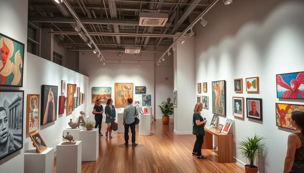 Generate an image of the City Without Walls Gallery's interior, featuring a contemporary art exhibit with diverse artworks.