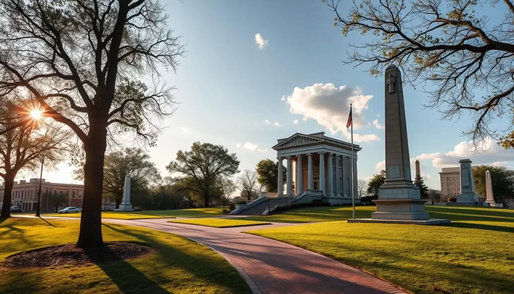 Generate an image of the Civil Rights Memorial Park in Selma, Alabama, showcasing its serene walking trails and monuments.