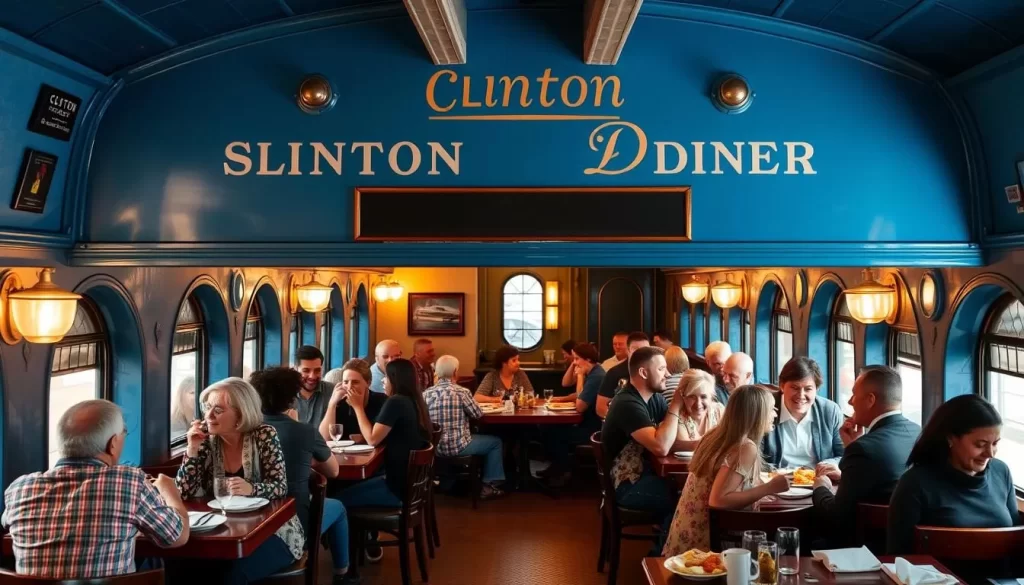 Generate an image of the Clinton Station Diner, a blue train car turned into a diner, with people enjoying their meals inside.