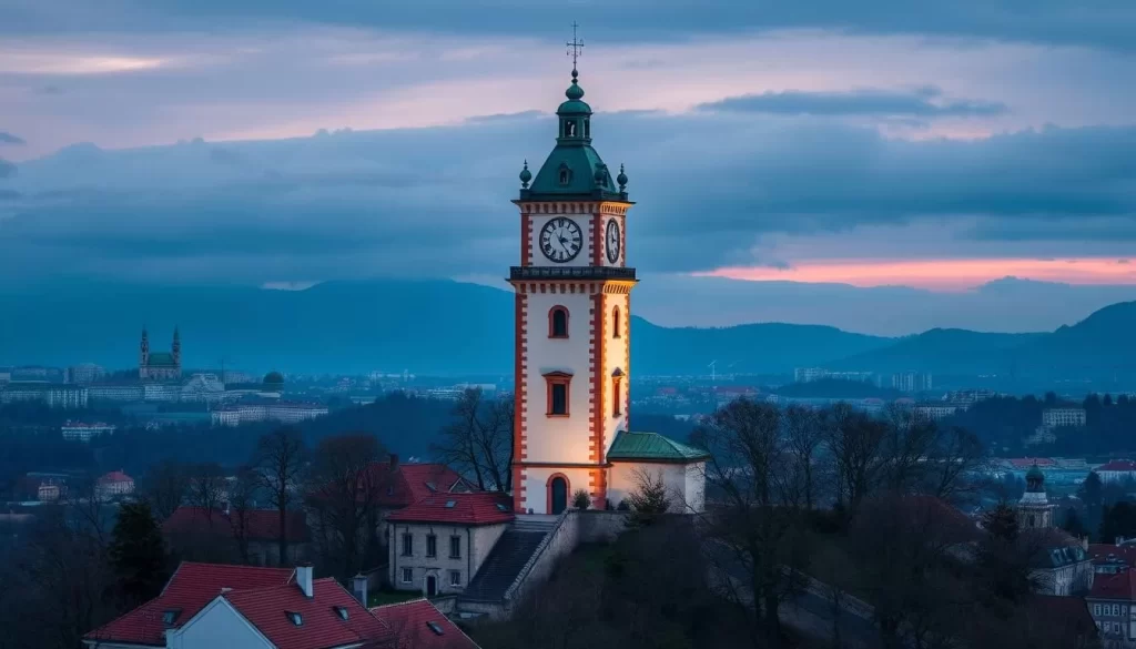 Generate an image of the Clock Tower atop Schlossberg hill in Graz, Austria.