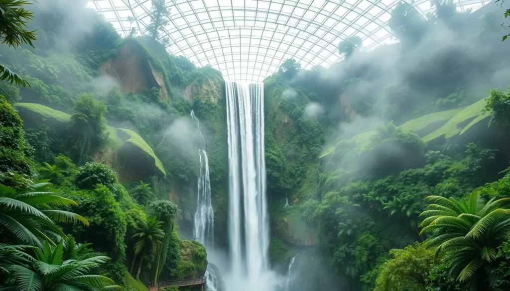 Generate an image of the Cloud Forest's 35-meter indoor waterfall and misty mountain environment.