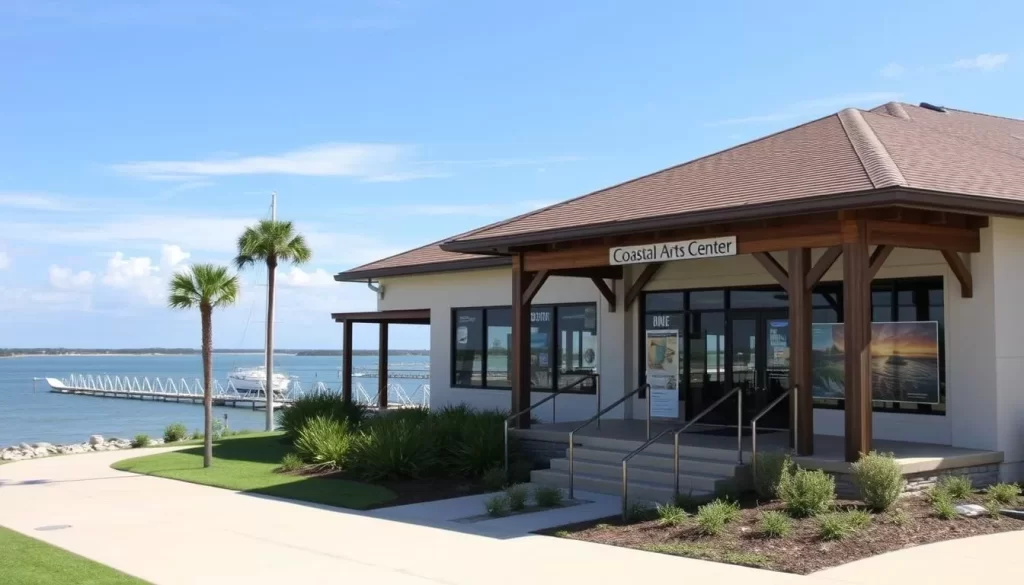 Generate an image of the Coastal Arts Center of Orange Beach with its fine art gallery and Wolf Bay view.