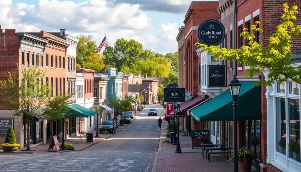 Generate an image of the Cody Road Historic District in Le Claire, Iowa, showcasing its charming nine-block stretch of historic buildings.