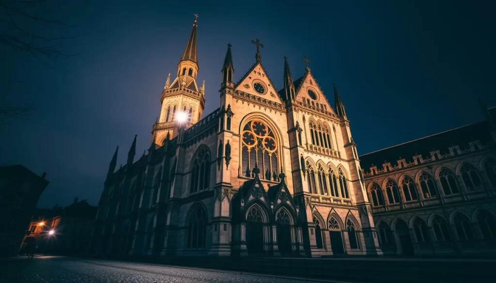Generate an image of the Collegiate Church of Sainte-Waudru in Mons, Belgium, showcasing its Brabantine Gothic architecture.