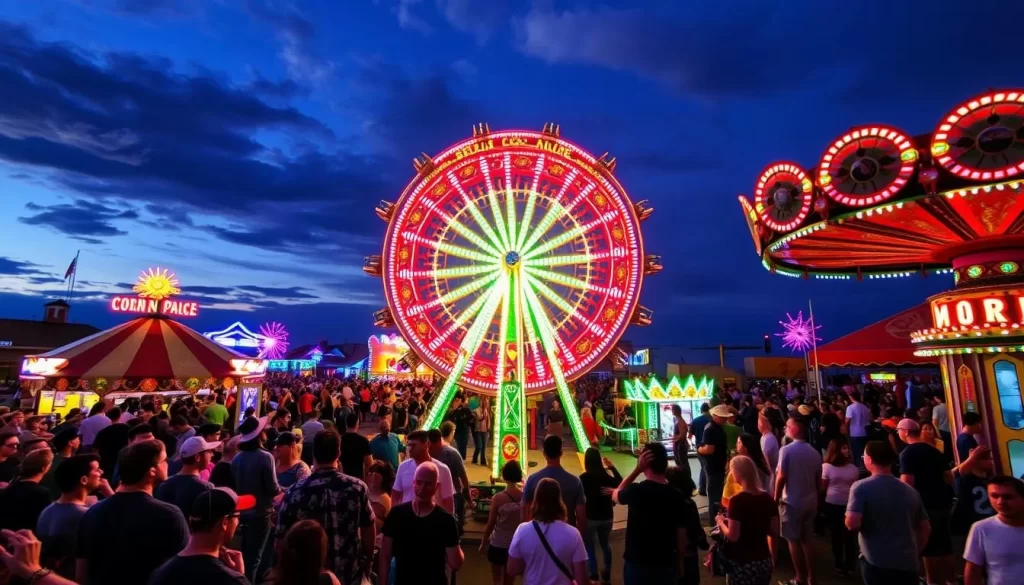 Generate an image of the Corn Palace Festival in Mitchell, SD, with carnival rides and a lively crowd.