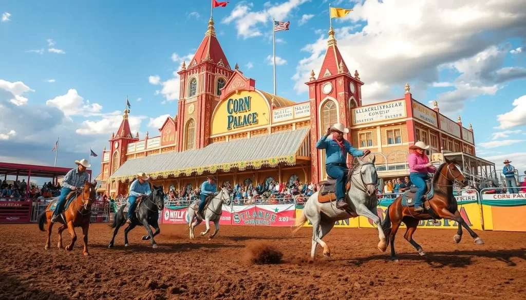 Generate an image of the Corn Palace Stampede Rodeo in Mitchell, SD, with rodeo athletes competing.