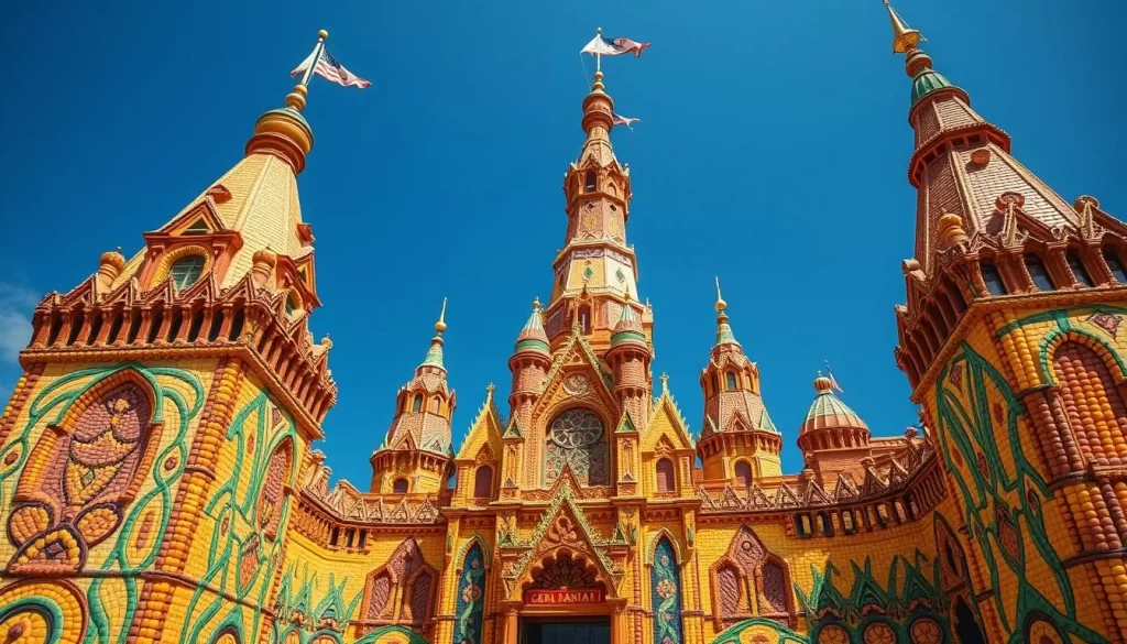 Generate an image of the Corn Palace with its vibrant corn murals.