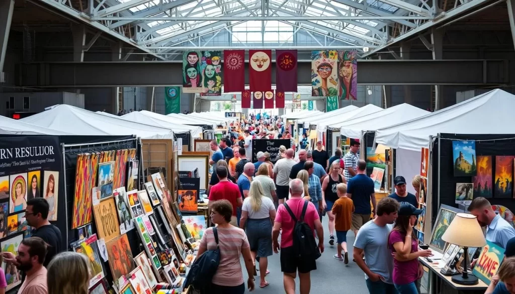 Generate an image of the Covington Three Rivers Art Festival, capturing the vibrant atmosphere and artistic displays.