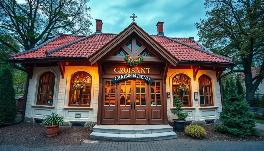 Generate an image of the Croissant Museum's exterior, showcasing its traditional Polish architecture.