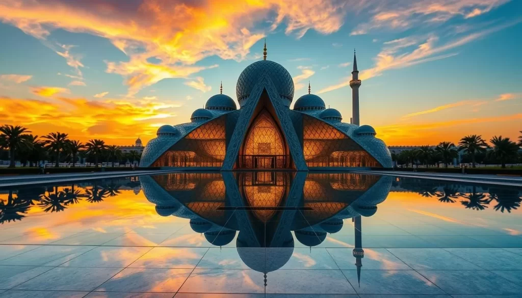 Generate an image of the Crystal Mosque at sunset, highlighting its glass and steel structure.