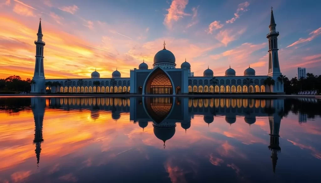Generate an image of the Crystal Mosque in Kuala Terengganu at sunset, highlighting its glass and steel structure reflecting on water.