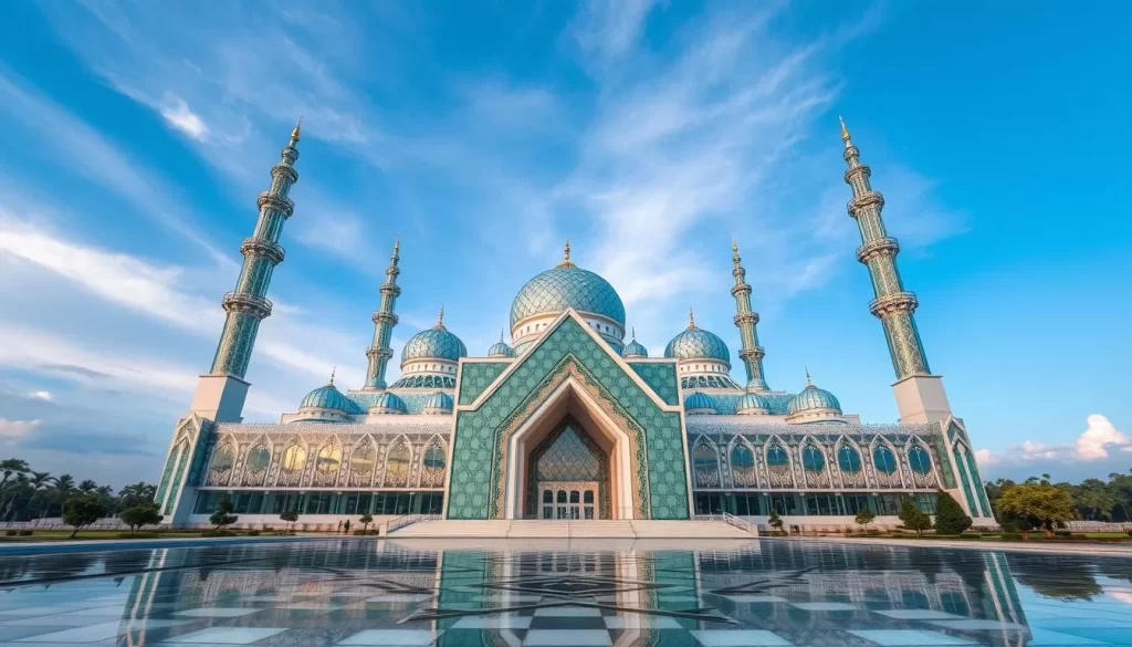 Generate an image of the Crystal Mosque in Terengganu, Malaysia, showcasing its stunning glass and steel structure.