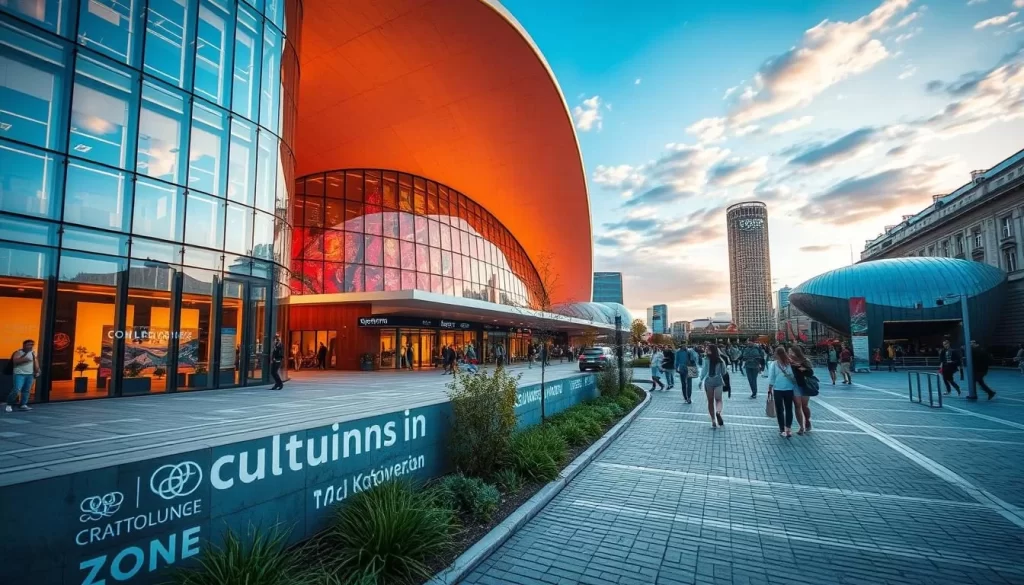 Generate an image of the Culture Zone in Katowice, showcasing its modern architecture and vibrant atmosphere.