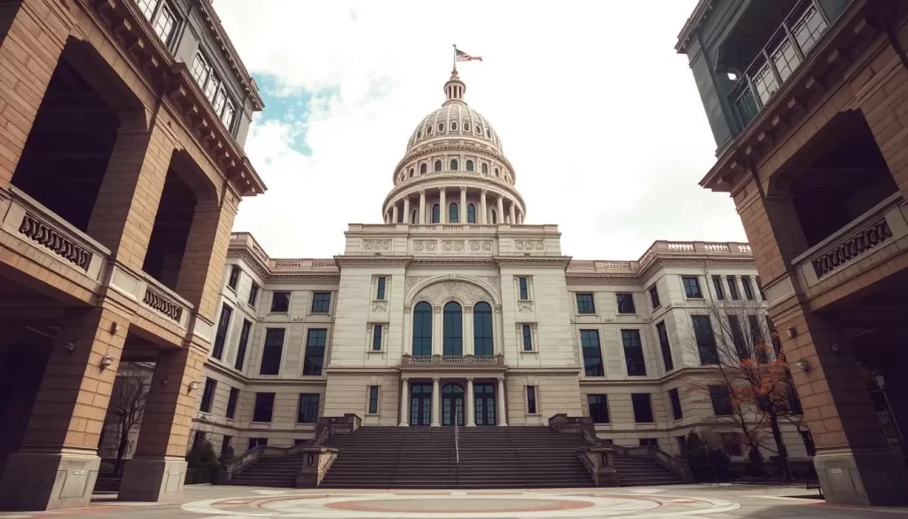 Generate an image of the Current State Capitol Building with its art deco design and the 27th floor observation deck.