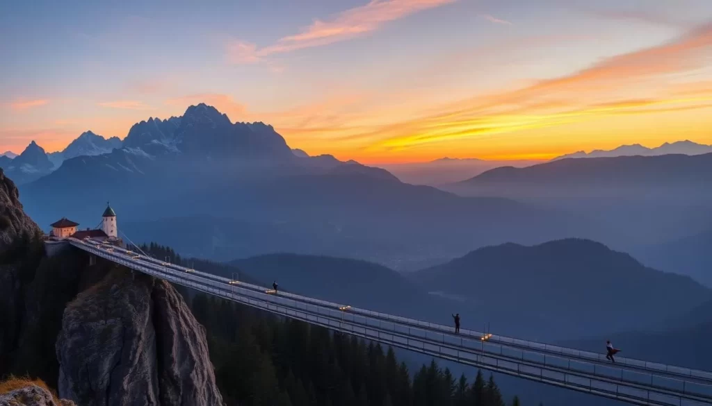 Generate an image of the Dachstein Suspension Bridge at sunset with the Austrian Alps in the background.