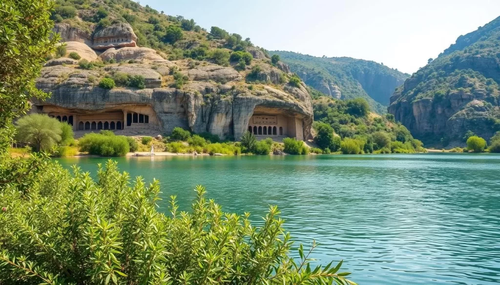 Generate an image of the Dalyan River with ancient rock tombs in the background.
