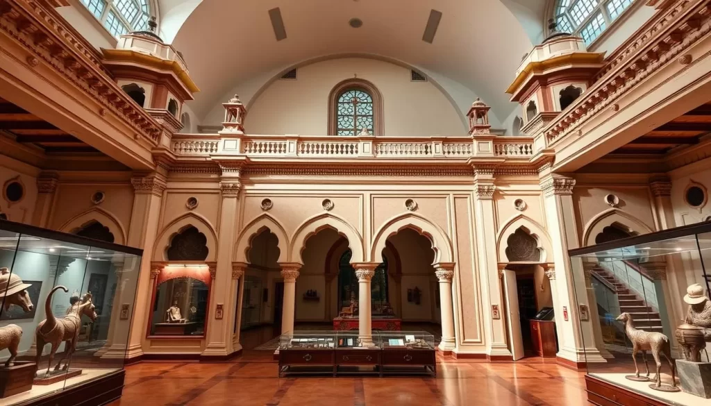 Generate an image of the Darwan Singh Sangrahalaya museum, highlighting its architectural design and the exhibits on display.