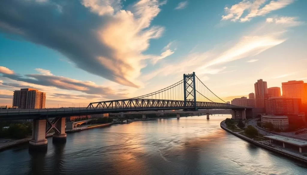 Generate an image of the Davenport Skybridge with the Mississippi River in the background Generate an image of the Davenport Skybridge with the Mississippi River in the background