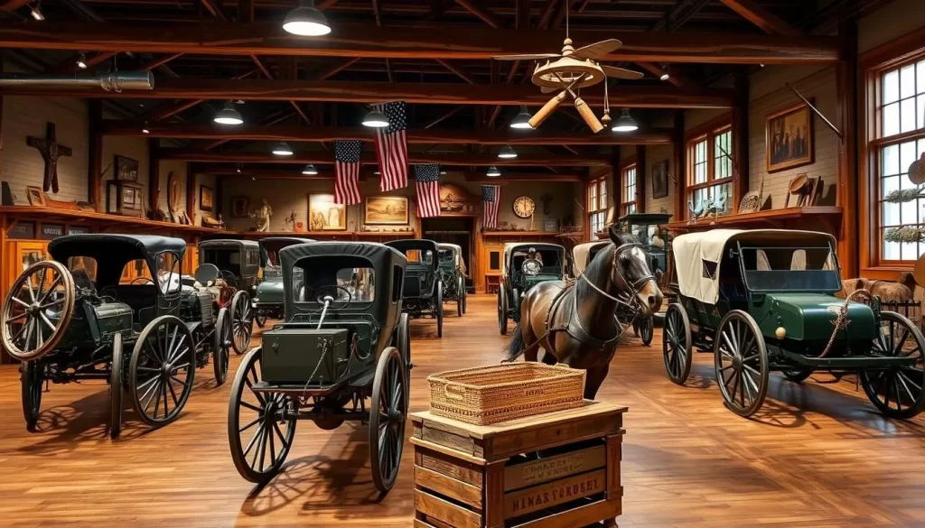 Generate an image of the Days of '76 Museum, showcasing its collection of horse-drawn vehicles and Western artifacts.