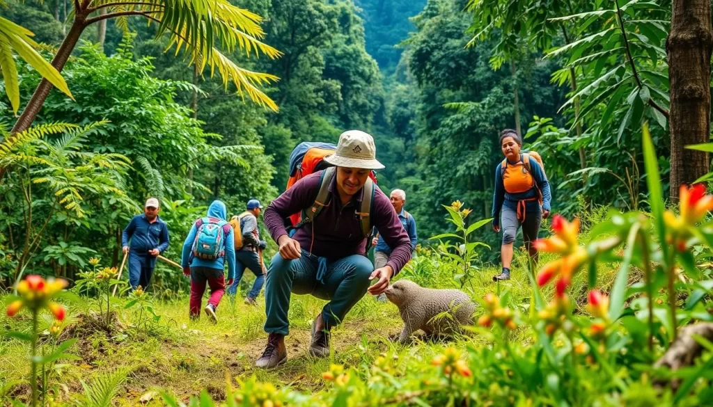 Generate an image of the Dehing Patkai Festival, showcasing adventure activities and wildlife in Assam's rainforest.