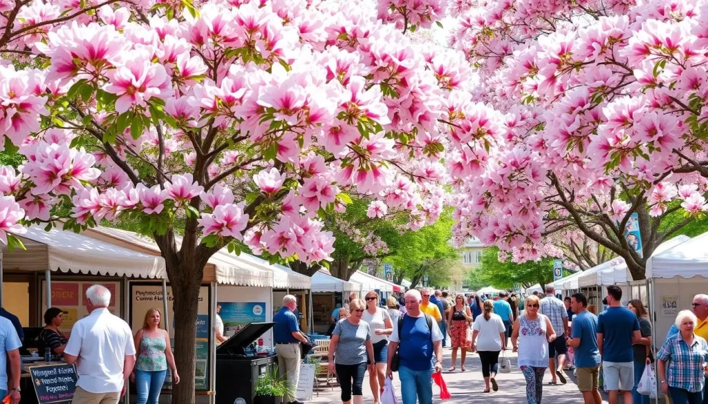 Generate an image of the Dogwood Arts Festival, with fine art vendors, live music performances, and community activities amidst beautiful dogwood blooms.