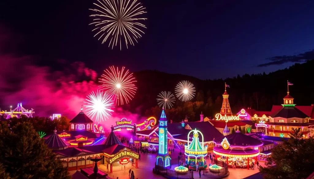 Generate an image of the Dollywood theme park during the Smoky Mountain Summer Celebration, with a drone and fireworks show illuminating the night sky.