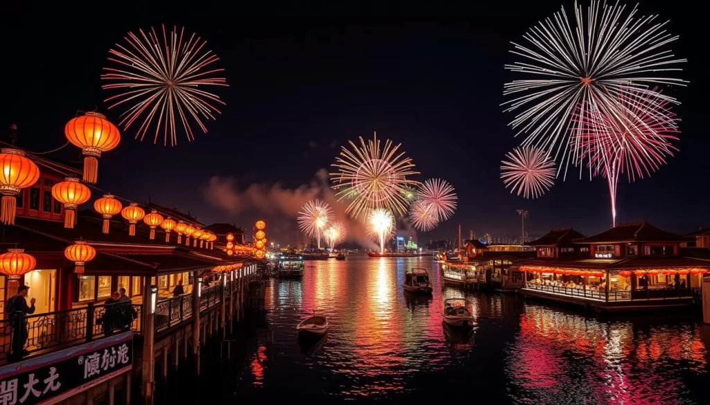 Generate an image of the Dongshan Old River Port Lantern Festival at night with fireworks illuminating the sky.