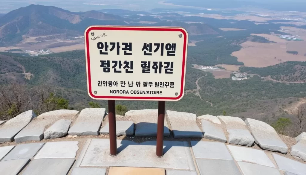 Generate an image of the Dora Observatory's viewing area with a sign indicating the North Korean border.