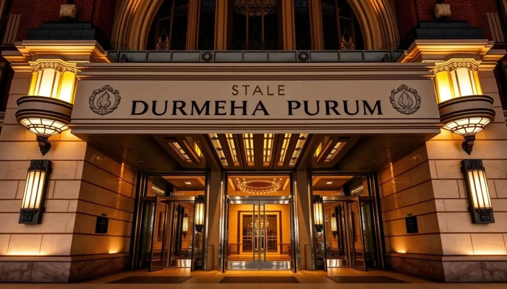 Generate an image of the Durham Museum's grand entrance, showcasing its stunning Art Deco architecture.