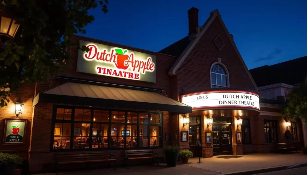 Generate an image of the Dutch Apple Dinner Theatre's exterior or interior, showcasing its unique ambiance.
