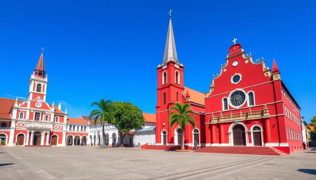 Generate an image of the Dutch Square in Melaka, featuring its bright red colonial buildings and historical landmarks like Christ Church and Stadthuys.