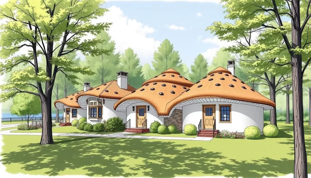 Generate an image of the Earl Young Mushroom Houses in Charlevoix