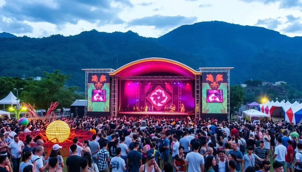 Generate an image of the East Wave Festival grounds in Taitung, showcasing the stages, art installations, and attendees enjoying the music and atmosphere.