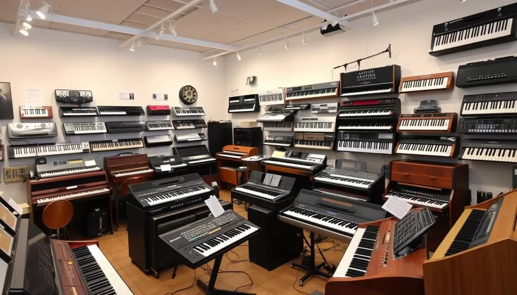 Generate an image of the Eboardmuseum Klagenfurt's interior, showcasing a variety of electric keyboards and musical instruments.