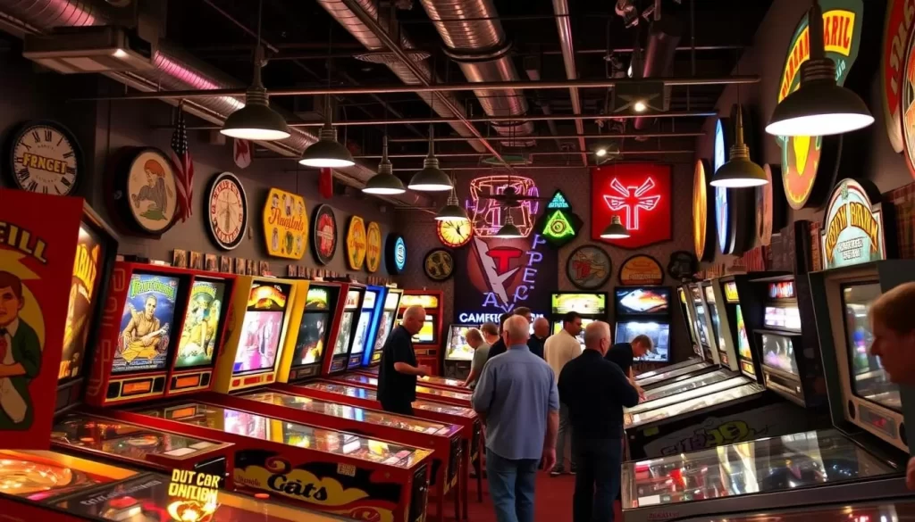 Generate an image of the Electromagnetic Pinball Museum's interior, showcasing a variety of vintage pinball and arcade games.