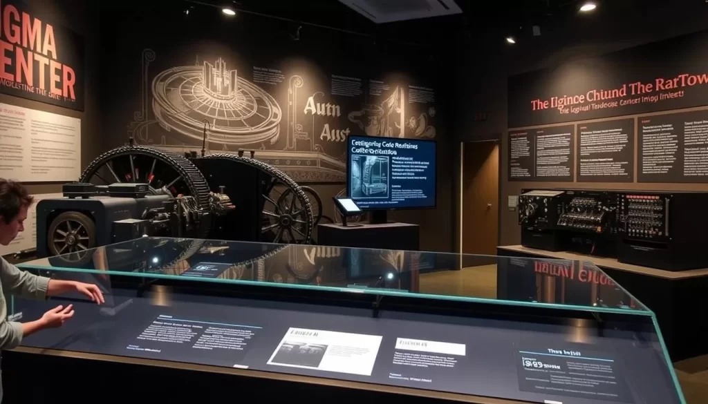Generate an image of the Enigma Code Center's interactive exhibit, highlighting the code-breaking machines.