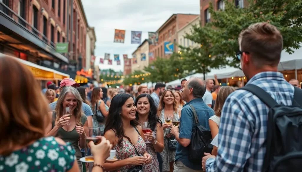 Generate an image of the Euphoria Greenville festival, showcasing a vibrant scene with people enjoying food, wine, and live music in downtown Greenville.
