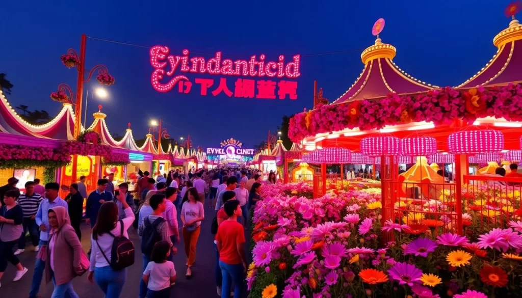 Generate an image of the Everland Flower Carnival with vibrant flowers and people enjoying the festival.